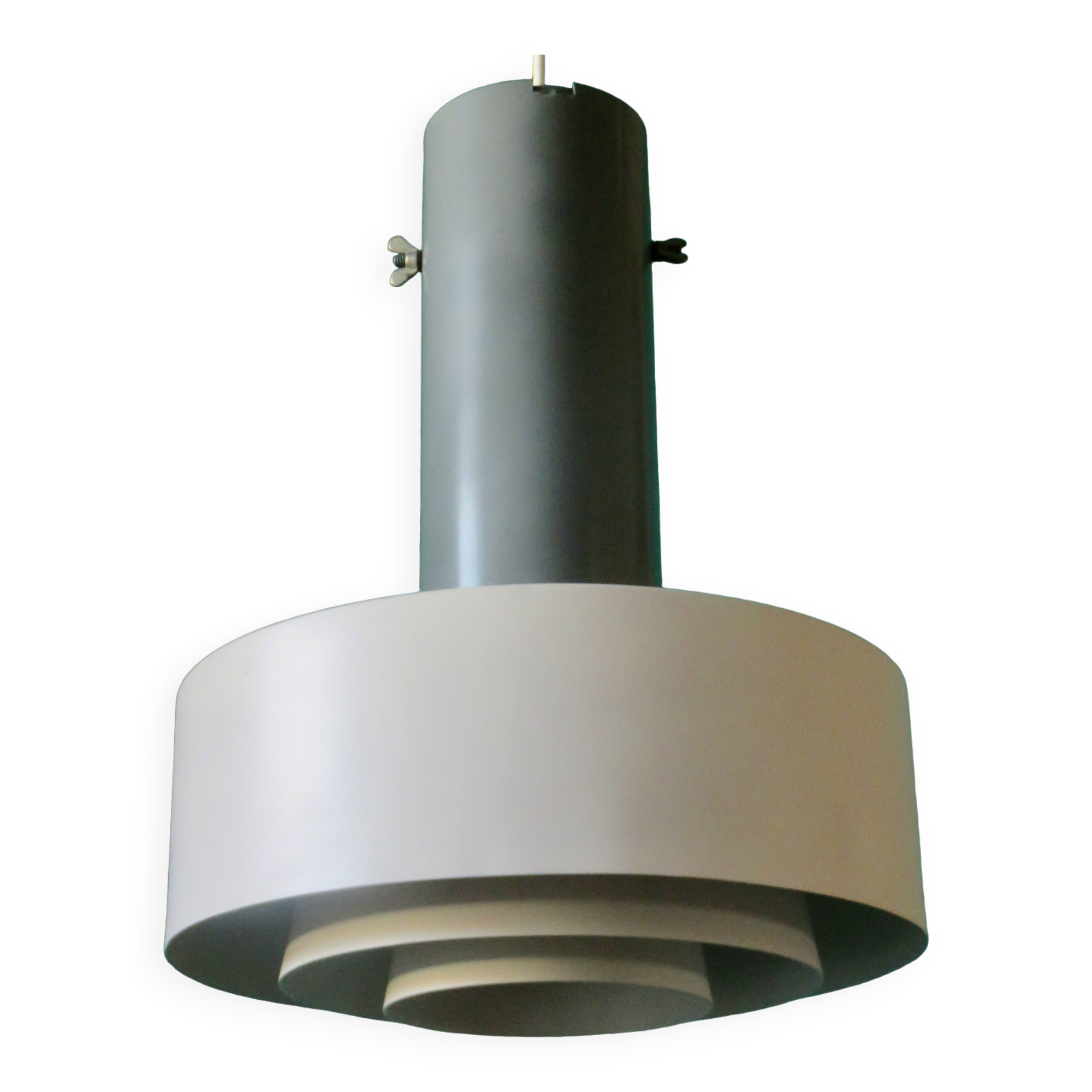 Large industrial pendant light in anthracite and white lacquered metal. Denmark, 1960