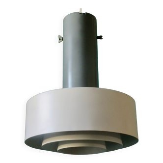 Large industrial pendant light in anthracite and white lacquered metal. Denmark 1960