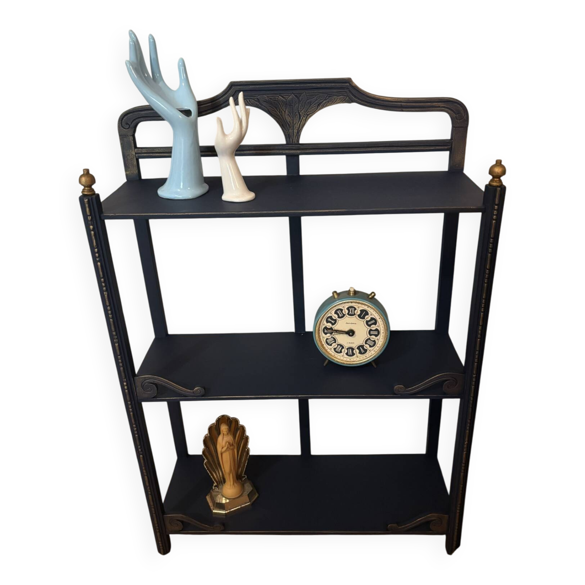 Small vintage shelf reimagined in midnight blue & gold, curiosity cabinet.