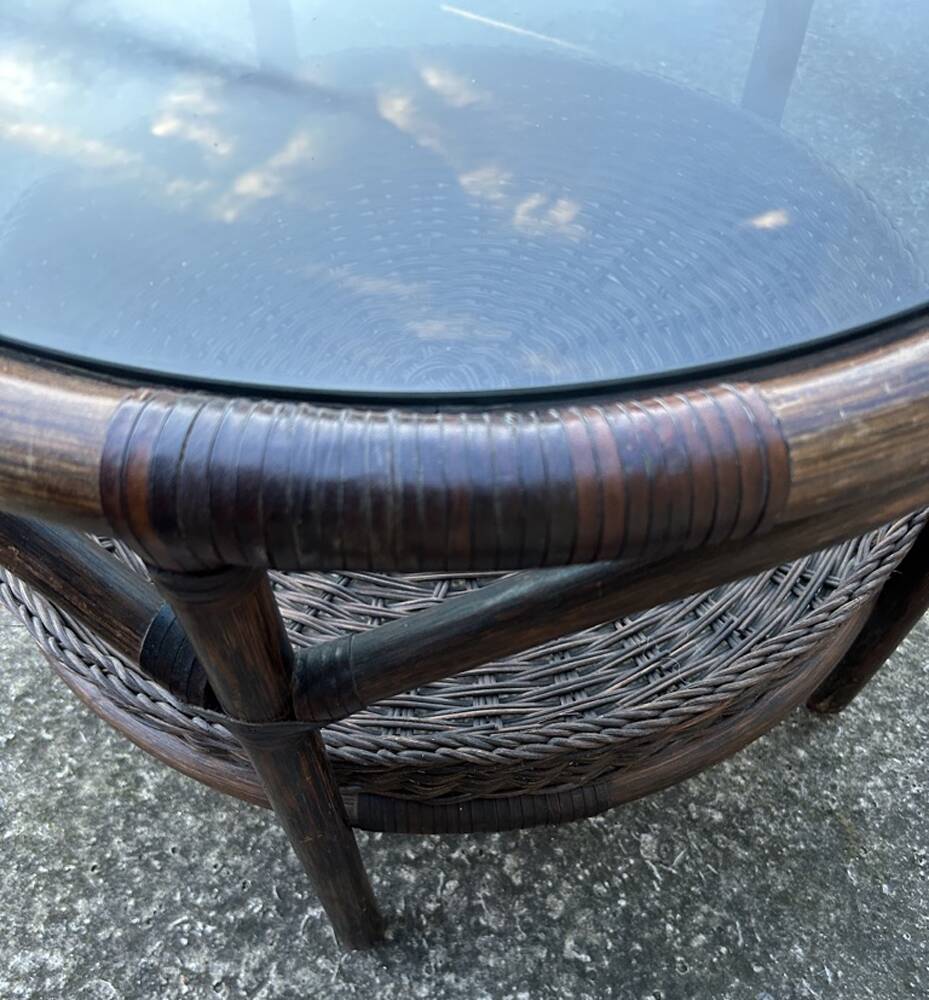 Round rattan and bamboo coffee table, vintage 1960