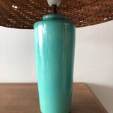 Enamelled ceramic lamp and rattan