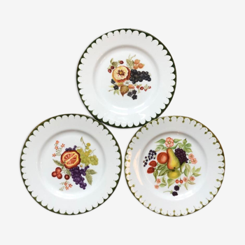 Set de 3 assiettes à dessert en porcelaine blanche décor aux fruits peints à main levé