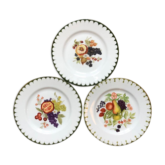 3 white porcelain dessert plates, hand-painted fruit decoration