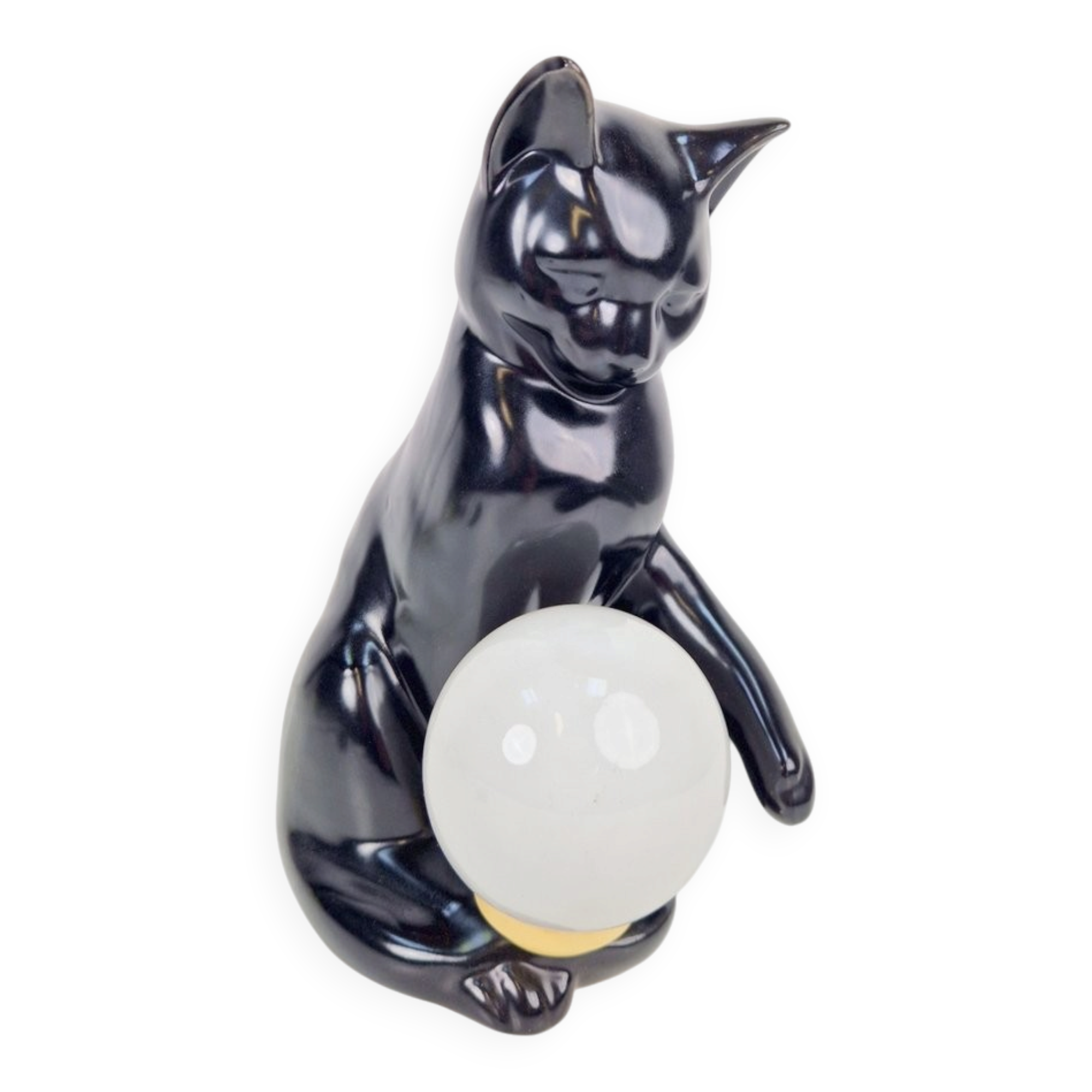 Mid-Century Cat Sphere Table Lamp in Ceramic and Opal Glass, 1970s