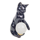 Mid-Century Cat Sphere Table Lamp in Ceramic and Opal Glass, 1970s