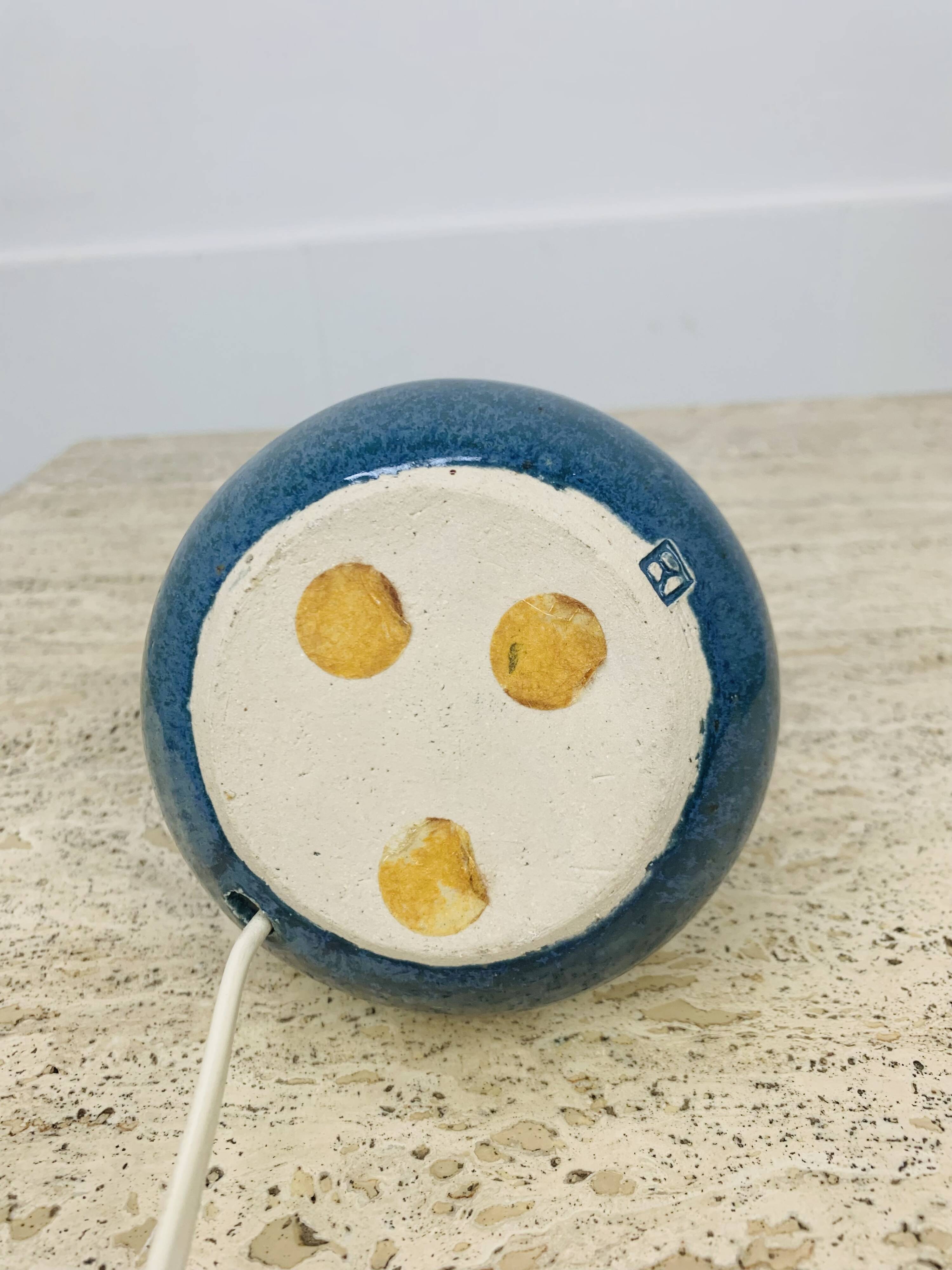 Blue ceramic ball lamp with wool lampshade, vintage