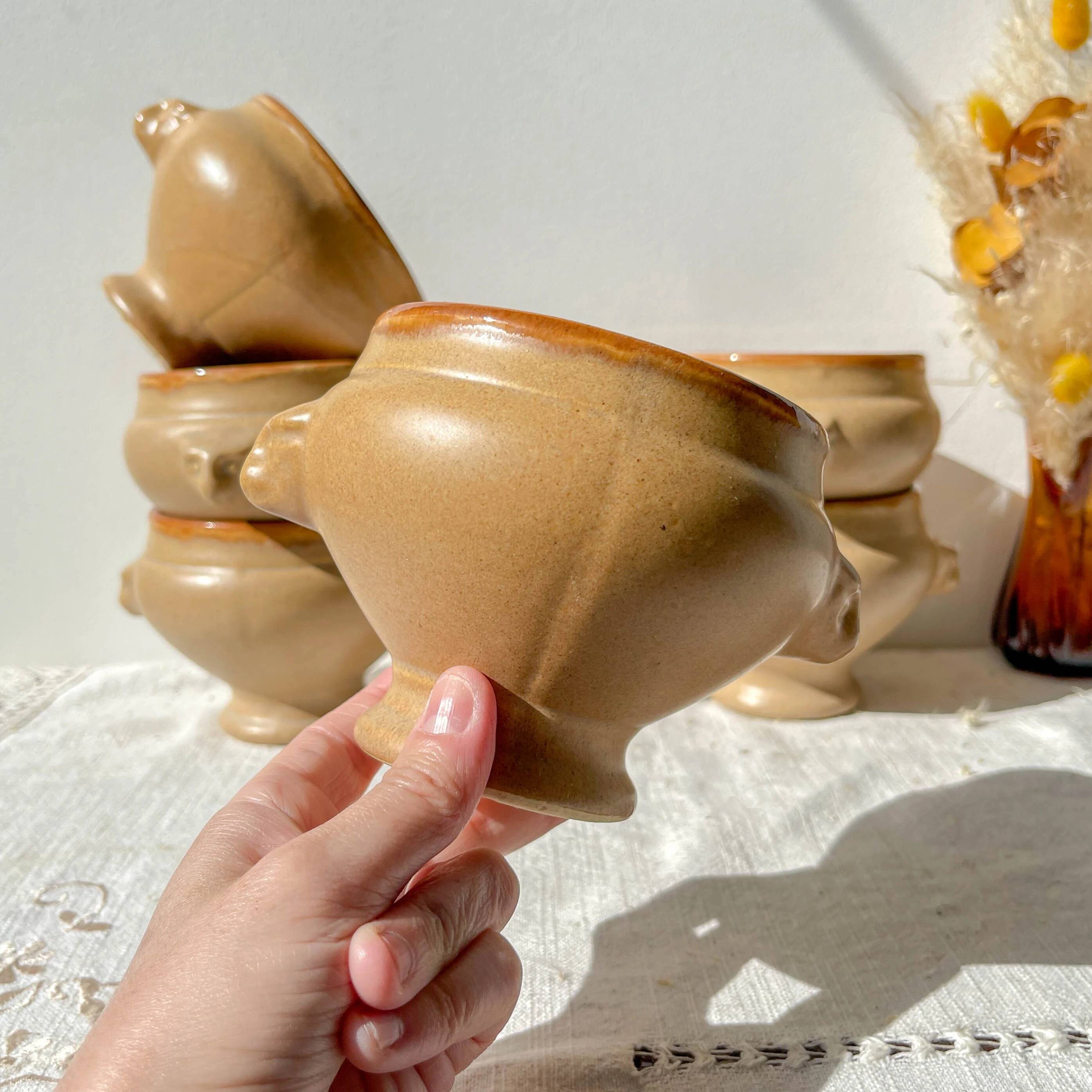 6 vintage Emile Henry ceramic lion head onion soup bowls - beige and honey, made in France