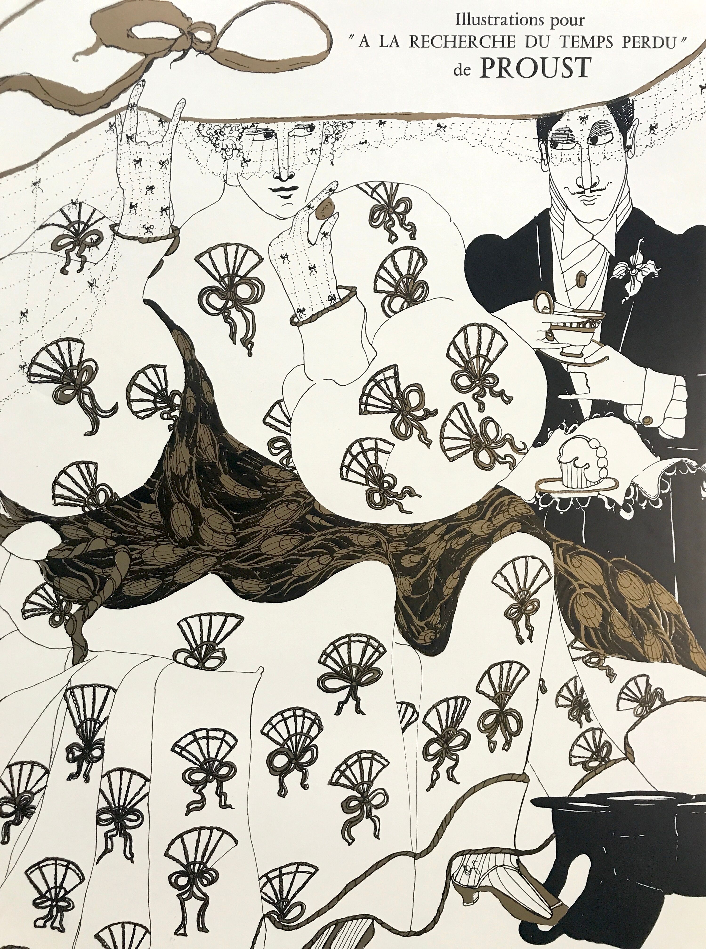 Original silkscreen print in black and gold by melinda patton, james mayor gallery, 1984 marcel proust