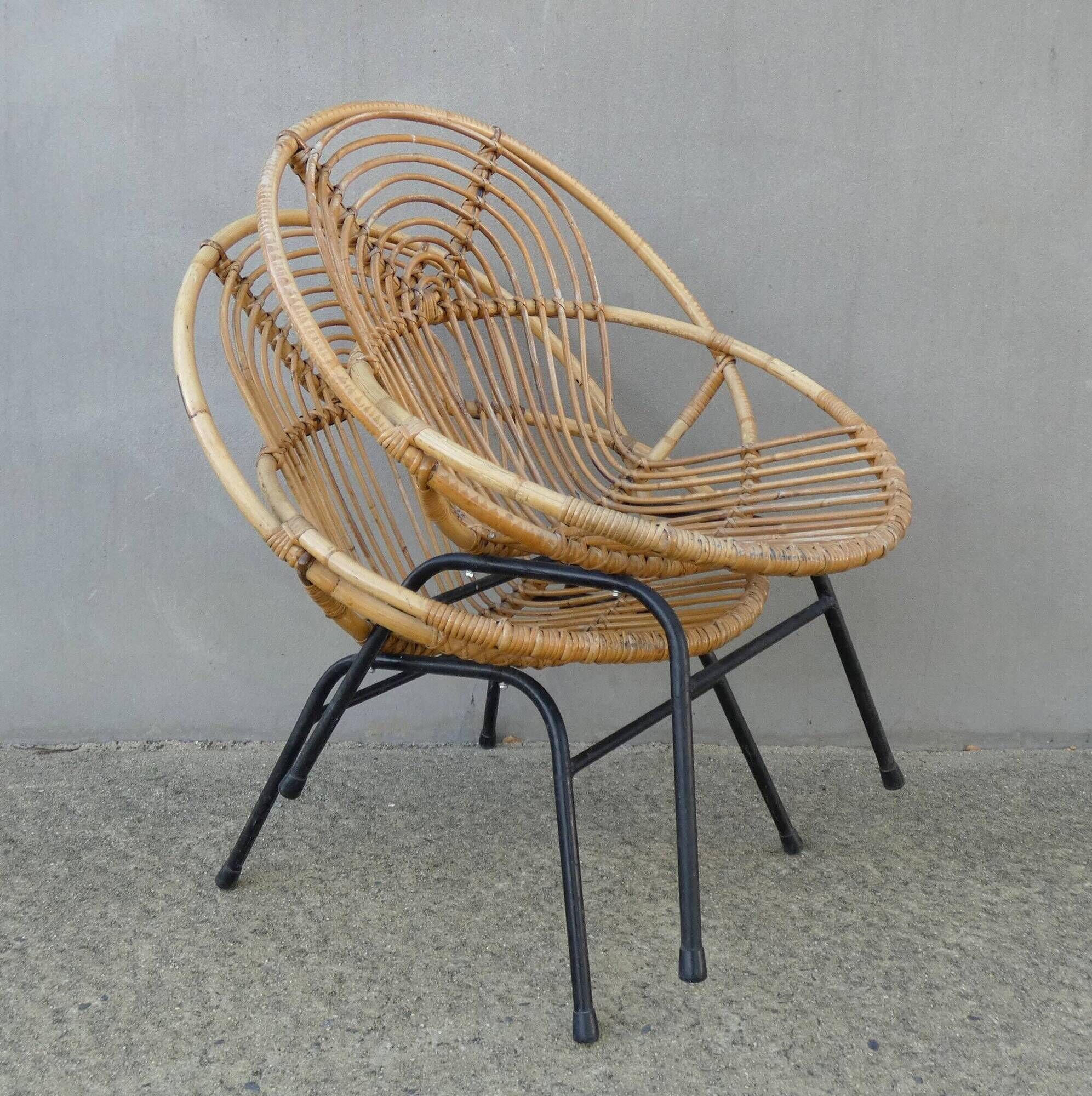 Rohe Noordwole 1950 vintage rattan and metal shell chairs