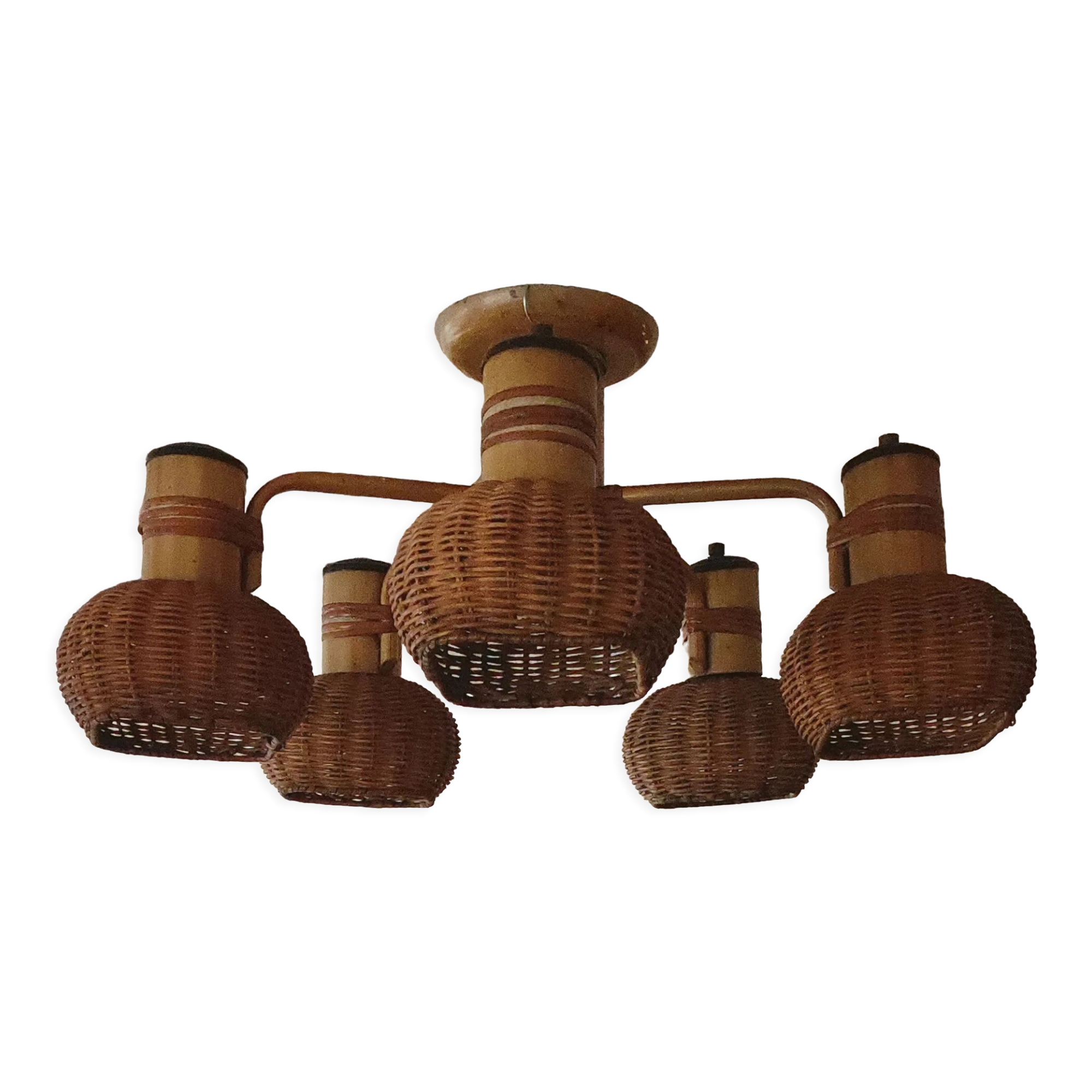 Ceiling chandelier 5 burners in rattan & metal 1950
