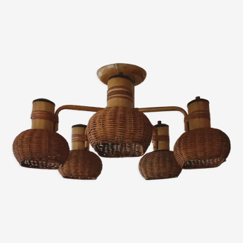 Ceiling chandelier 5 burners in rattan & metal 1950