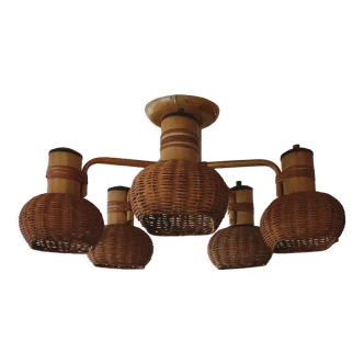 Ceiling chandelier 5 burners in rattan & metal 1950