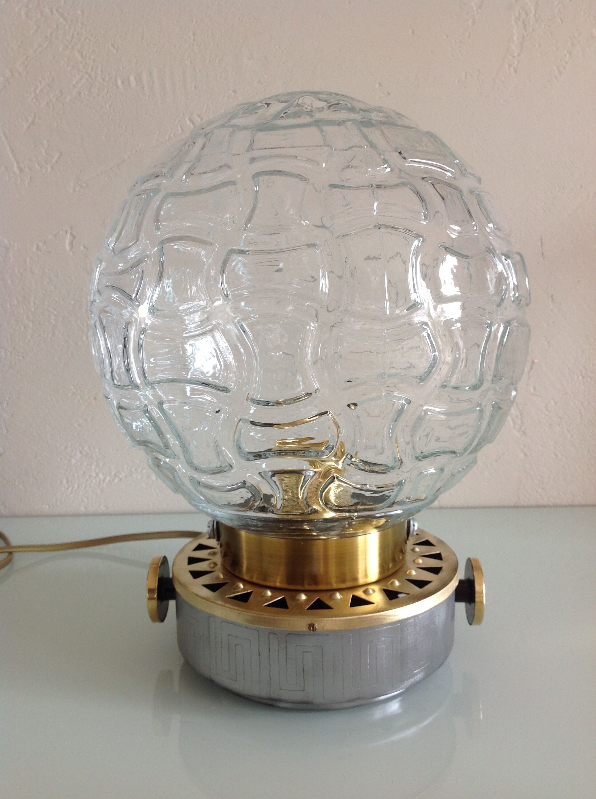 Structured glass globe lamp and metal-brass/ vintage 60s and 70s base