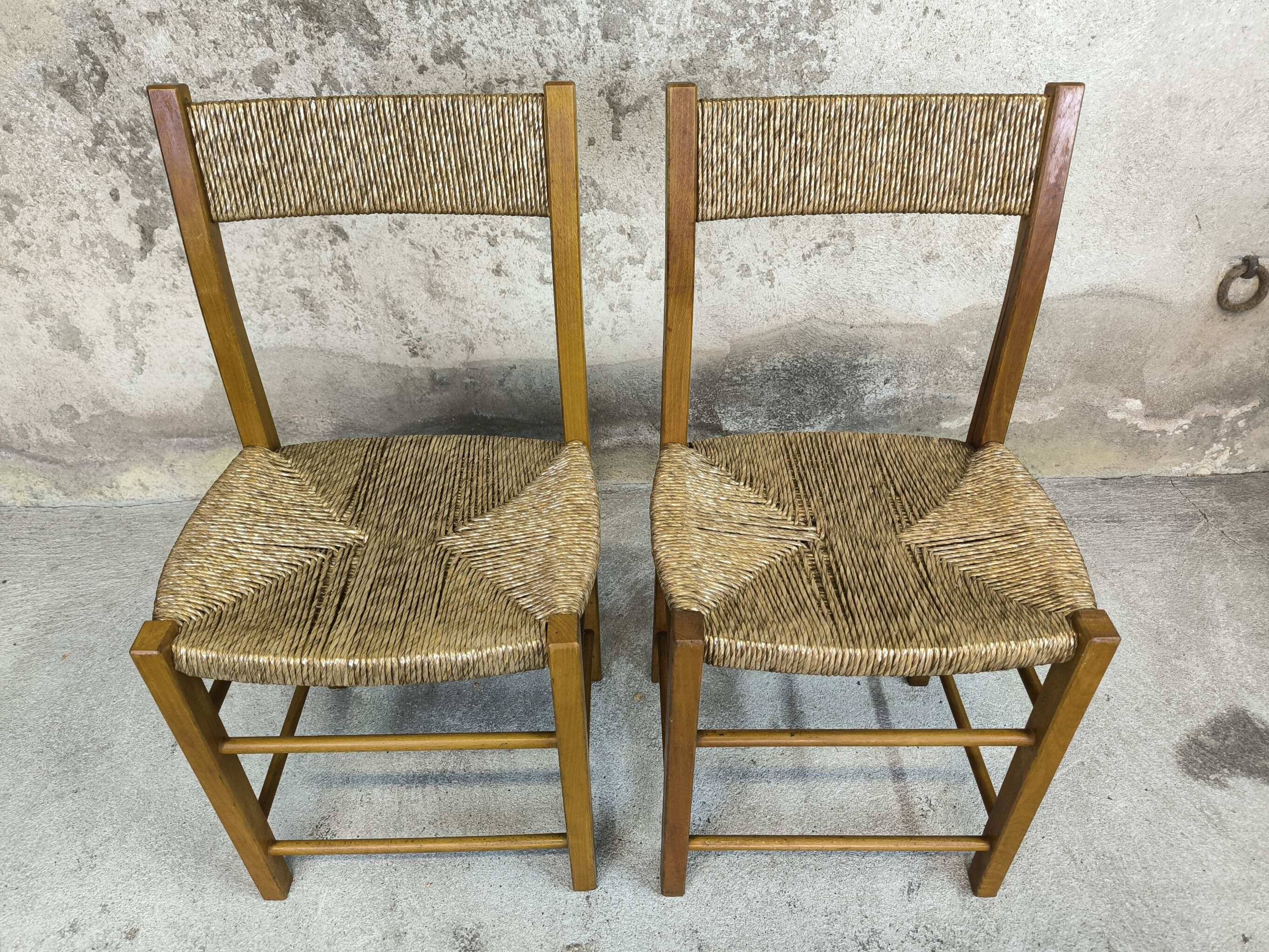 Pair of vintage wood and straw chairs