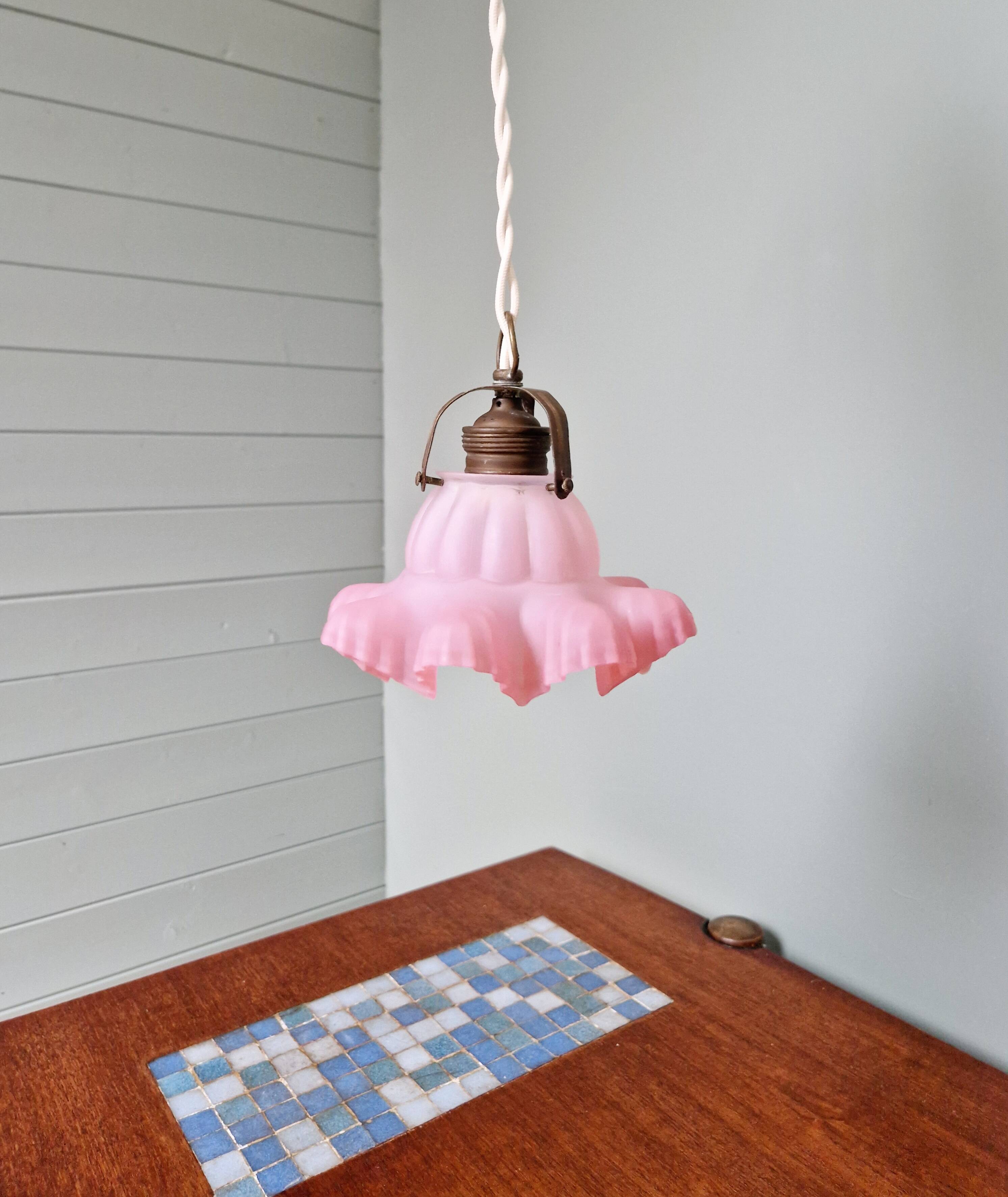 Scalloped pink satin glass pendant/lamp, 1920s-30s