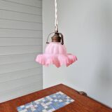 Scalloped pink satin glass pendant/lamp, 1920s-30s