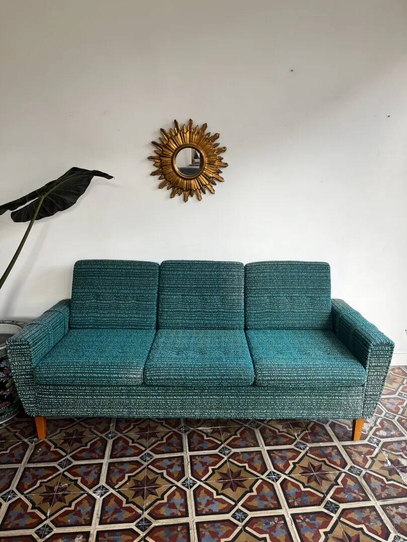Mid-century sofa, three-seater in turquoise shade