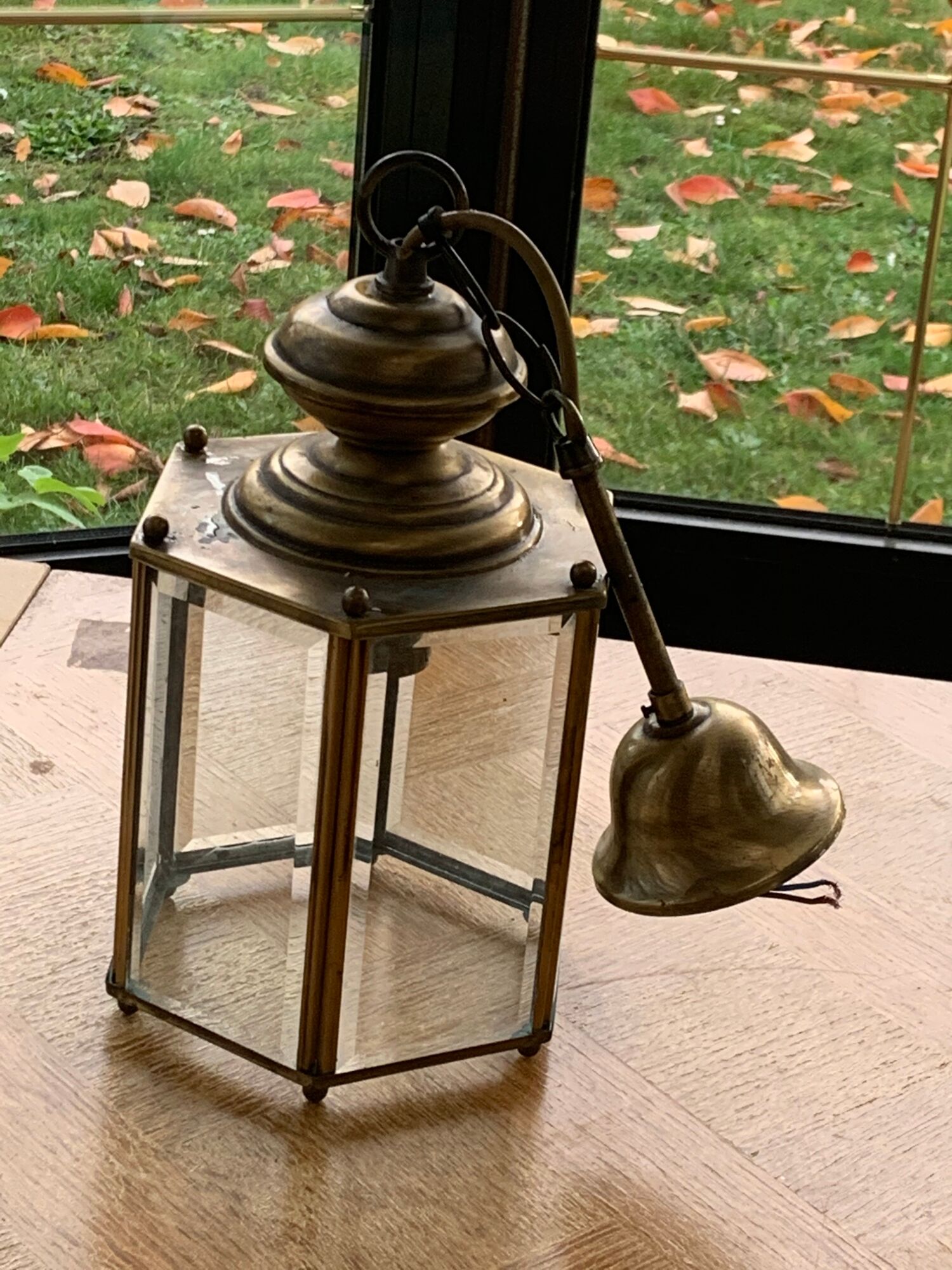 Brass suspension light and vintage faceted glass