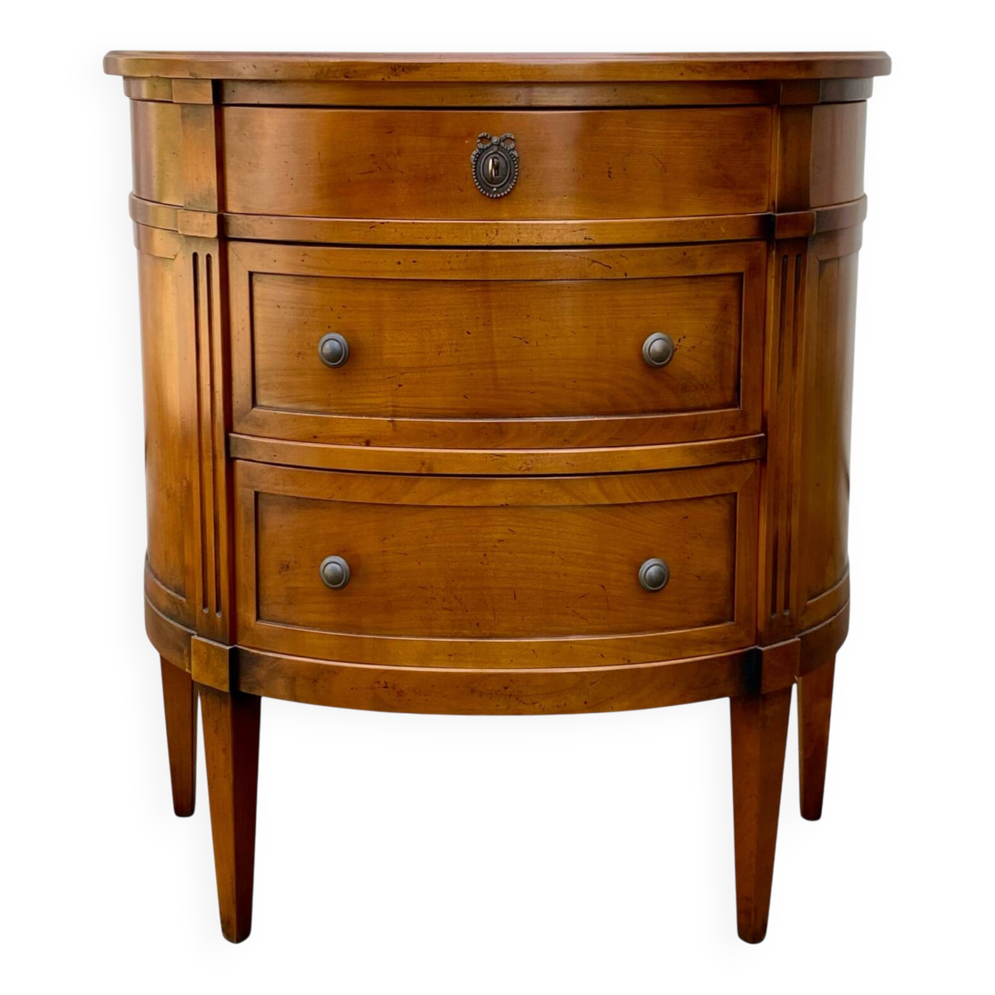 Commode demi-lune 3 tiroirs en merisier style Louis XVI