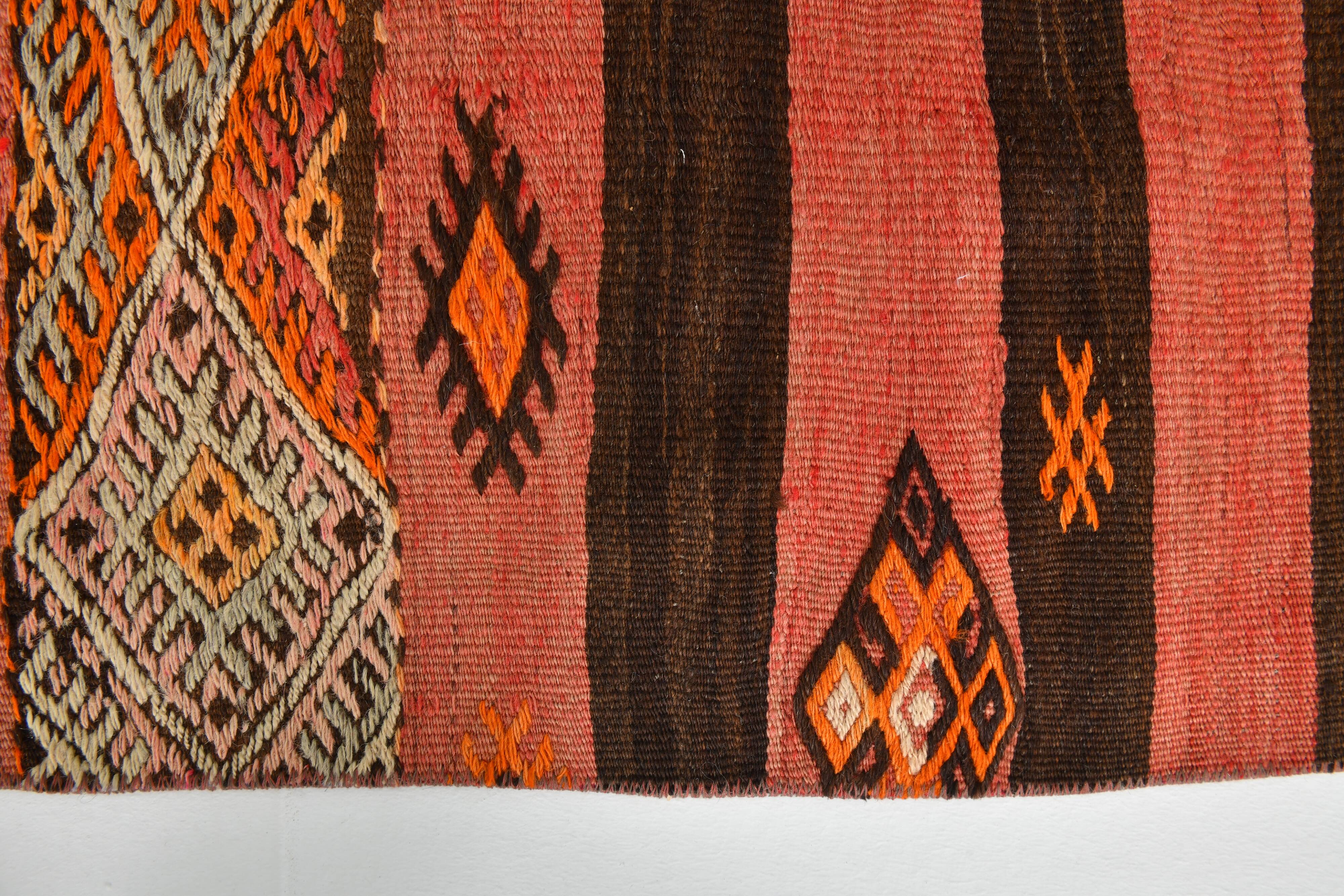 Turkish Red & Brown Striped Vintage Kilim Rug, 87x127Cm