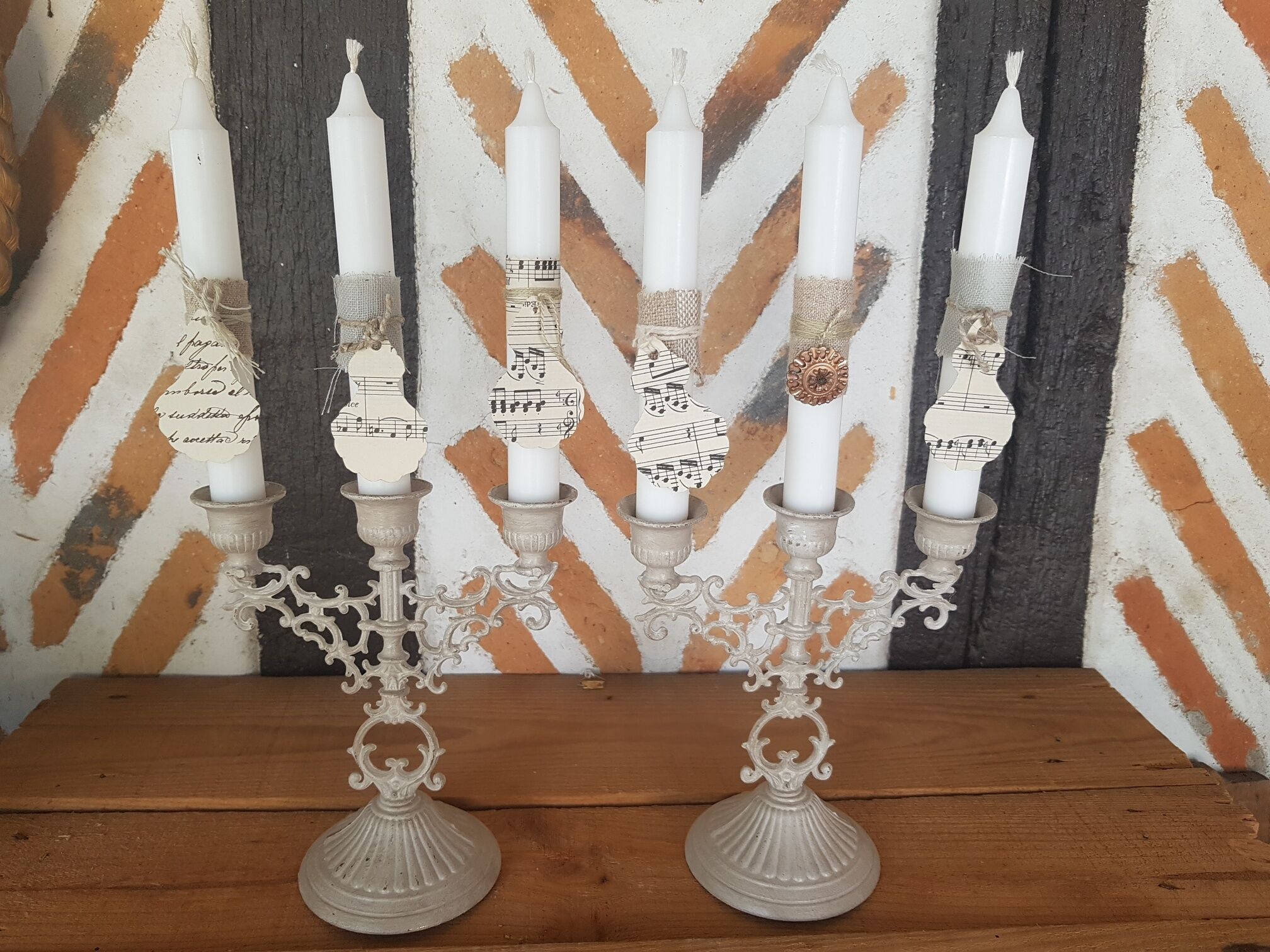 Pair candlesticks candlesticks 3 fires patina linen