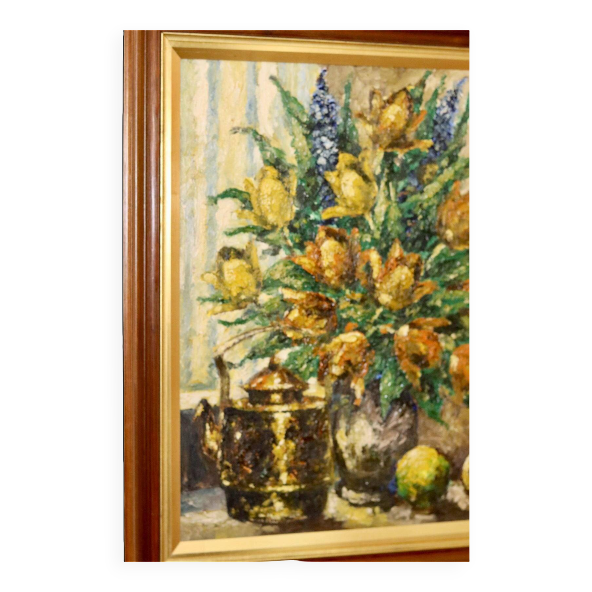 Oil painting on Swedish canvas from the mid-century "Floral Still Life" by Lars DraabyeK -- Vintage and framed.