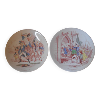 Pair of old decorative plates. Sarreguemines earthenware. Revolution. Valmy. The Bastille