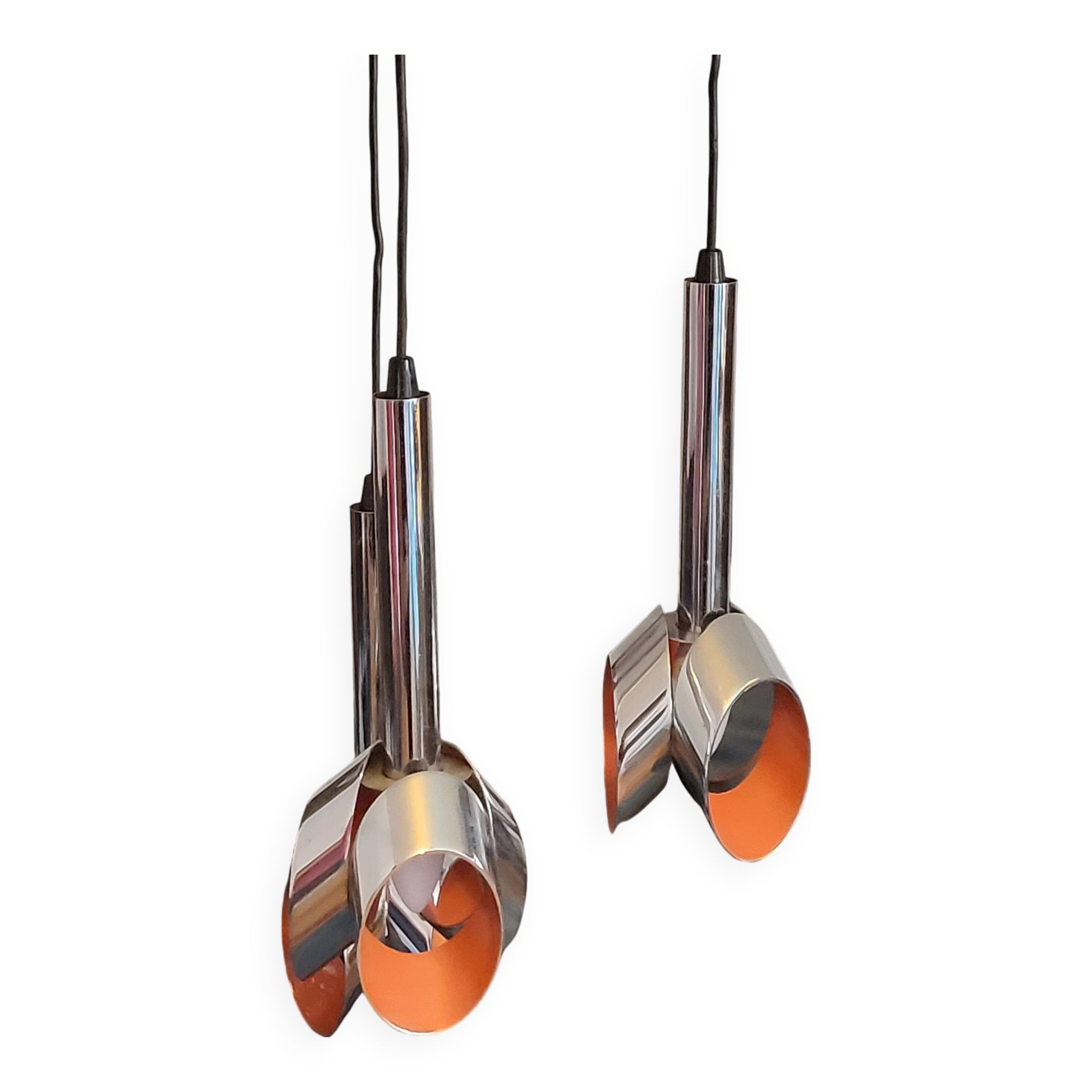 Massive Belgique three-armed waterfall pendant lamp in chrome and orange lacquer