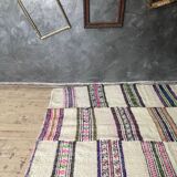 Natural white wool fluffy rug with colourful stripes, Romanian handwoven carpet
