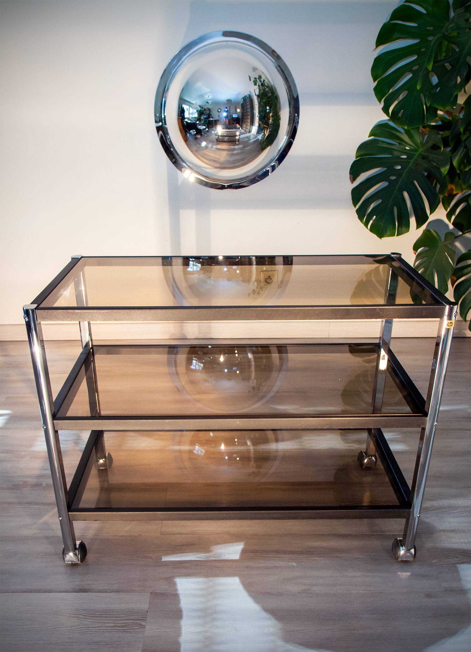 ERARD console (France), black metal and smoked glass side table, 1980.