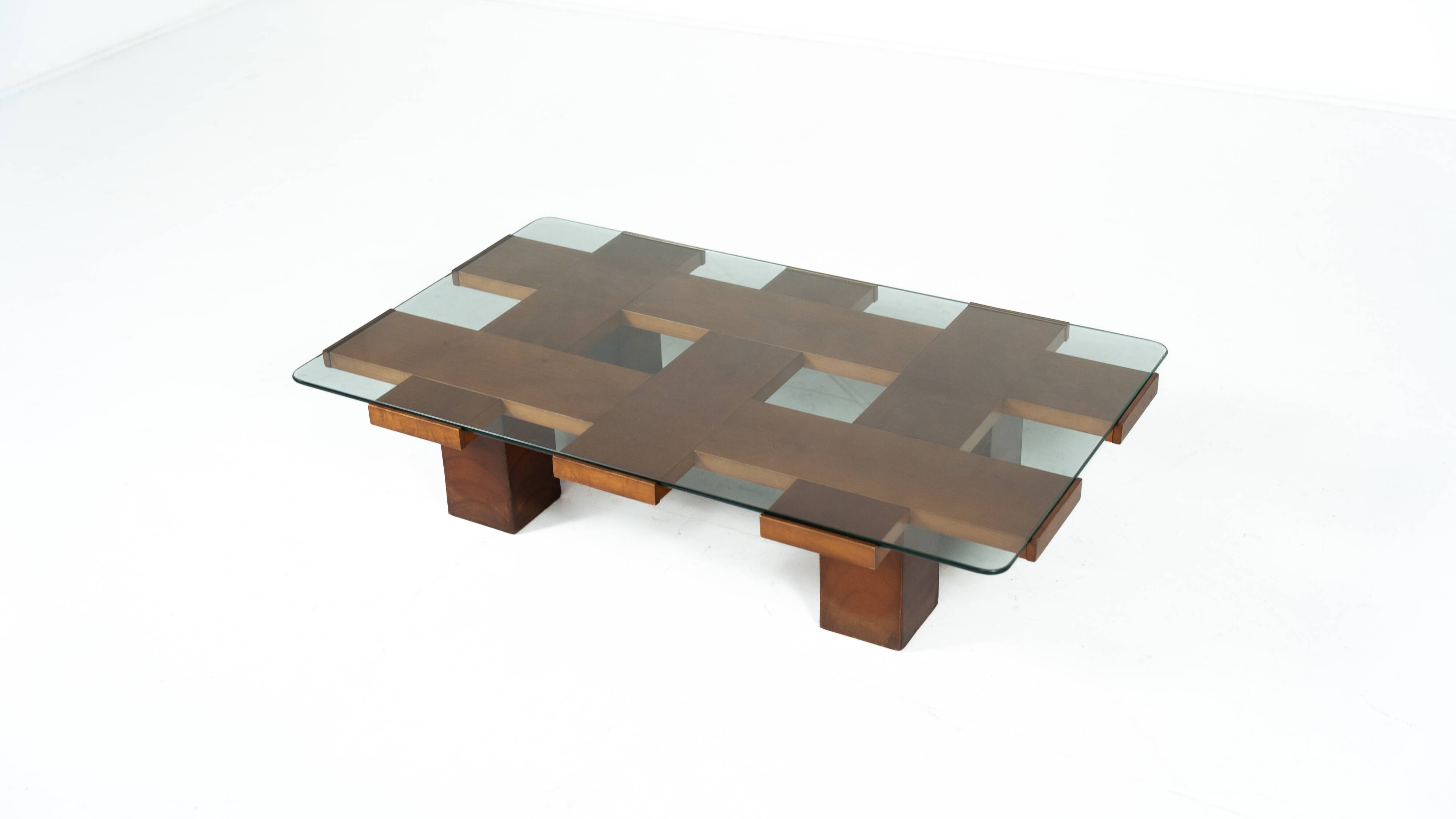 Mid-Century Rectangular Coffee Table, Walnut and Glass, Italy, 1960s
