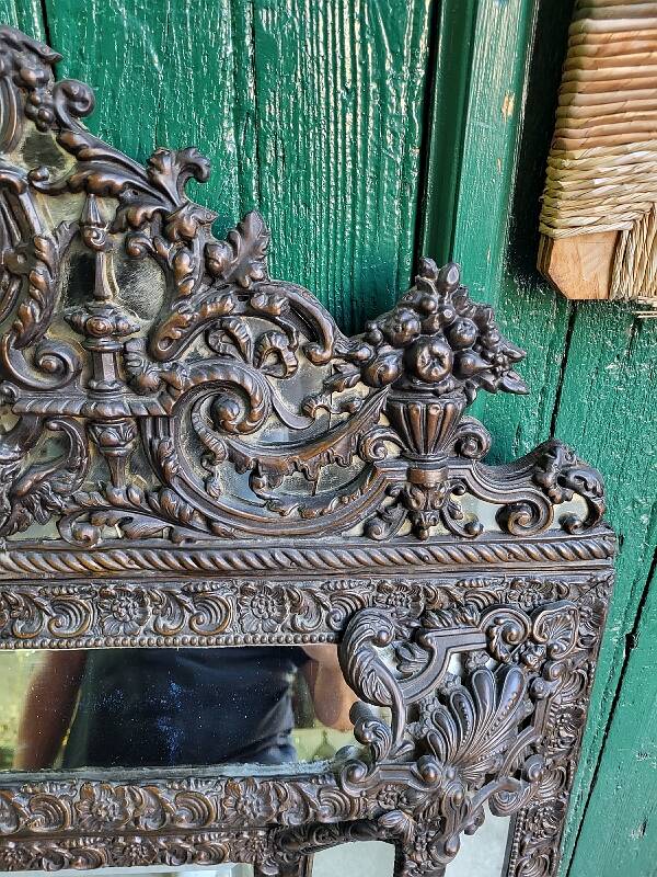 Louis xvi style repousse brass mirror with glass beads