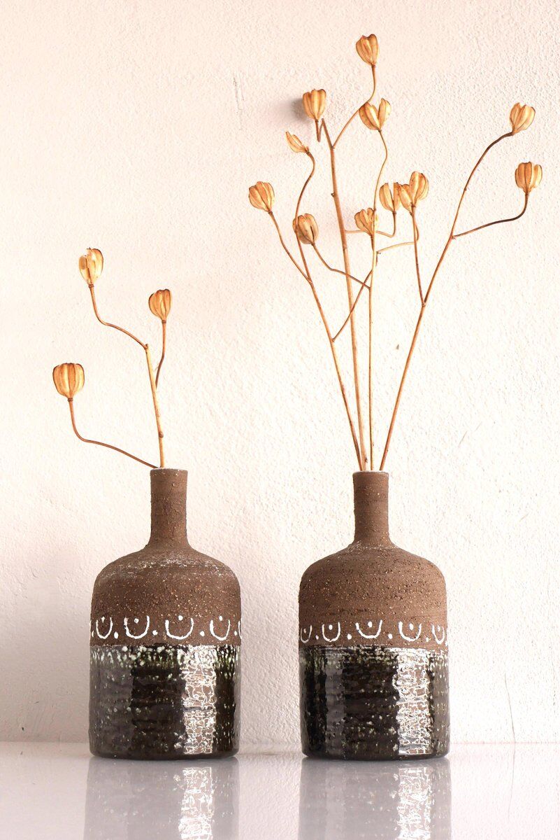 Scandinavian mid-century modern brutalist pottery vases by Hellström for Nittsjö, Sweden, set of 2