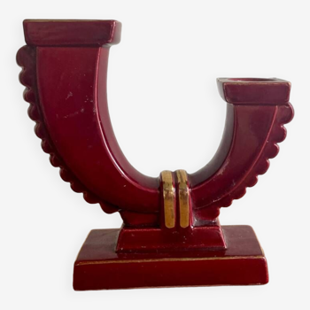 Art Deco red ceramic double candle holder