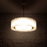 Ceiling chandelier in tubular blown glass and brass
