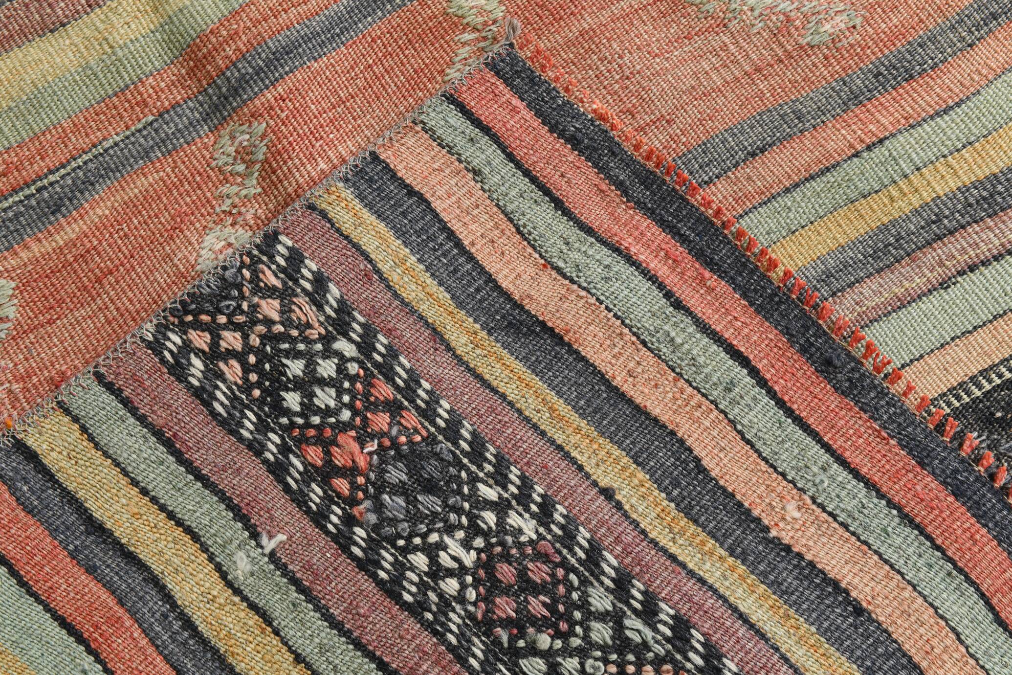 130x205Cm Pale Orange Striped Kilim Rug, Rugged Rugs, 4x7 Wool Area Rug