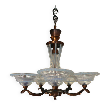 Art Deco lustre, opalescent glass, Ezan & Petitot, signed.