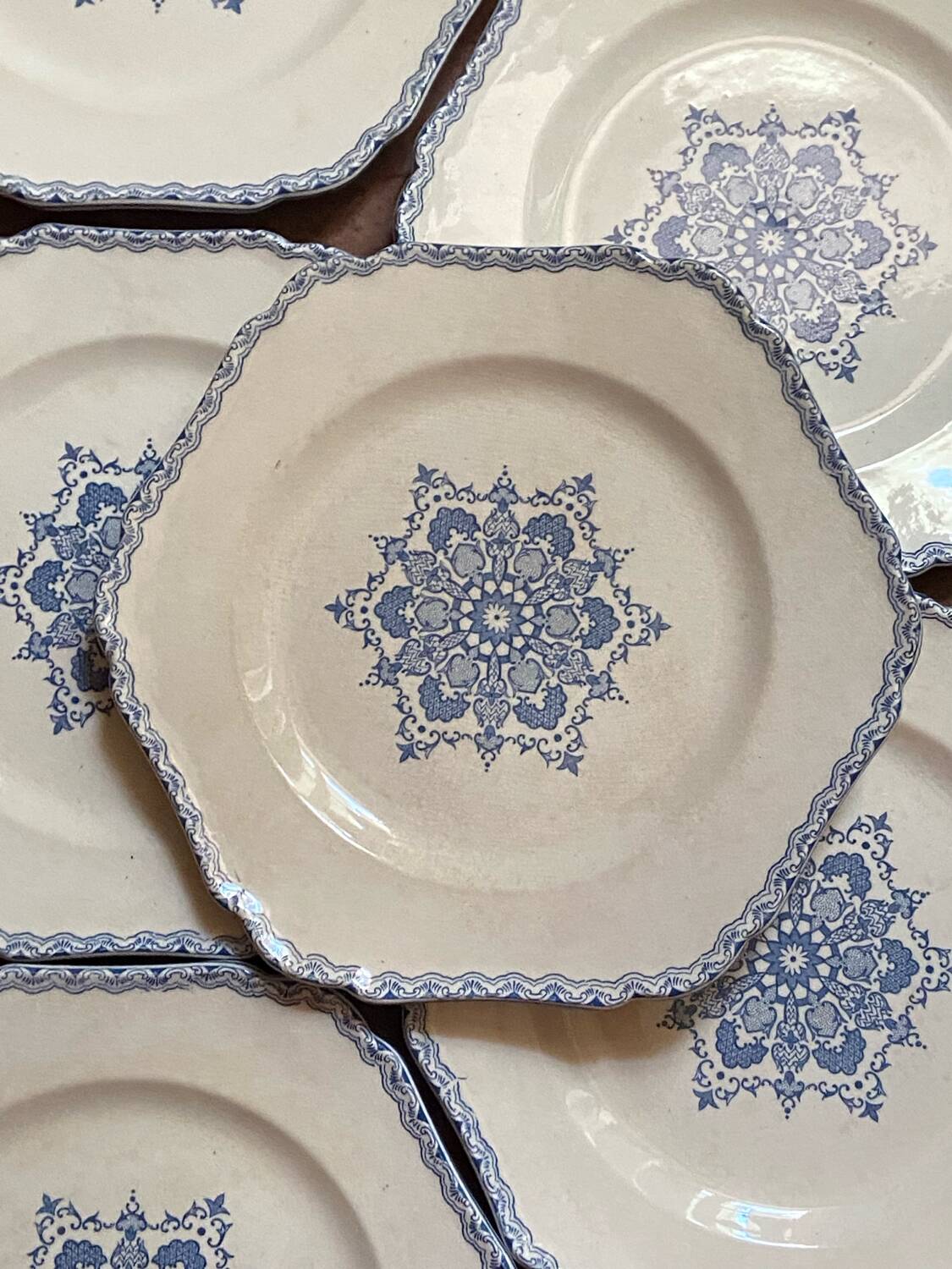 Set of 10 antique 6-sided flat plates – late 19th century earthenware, oriental light blue decor