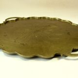 1950s handmade heavy brass serving tray, with handles and small feets, marked, vintage