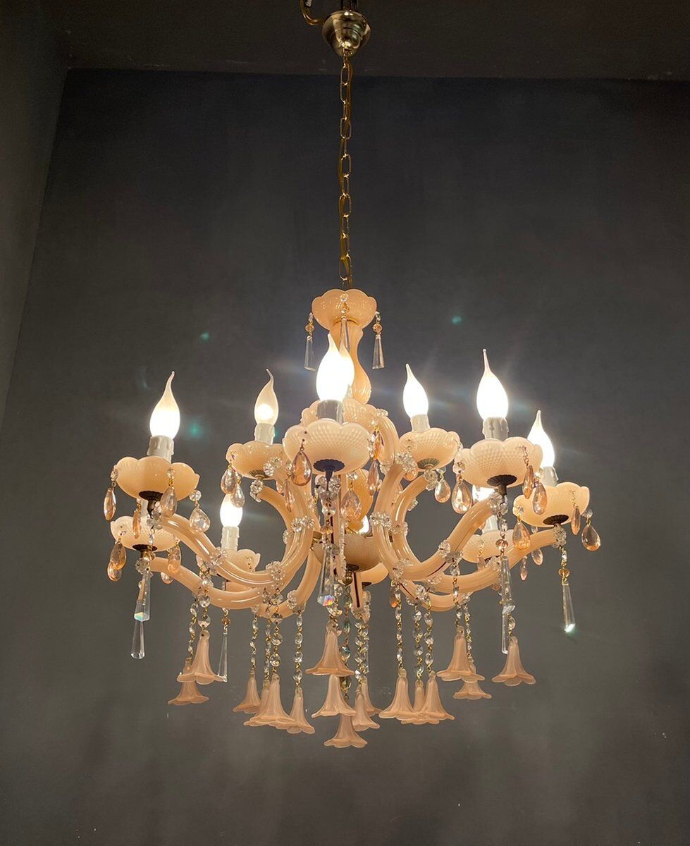 Vintage Italian Pink Opaline Murano Glass Chandelier