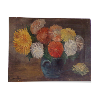 Oil on canvas still life with bouquet of flowers
