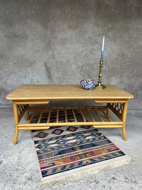 Vintage bamboo, wood and rattan coffee table