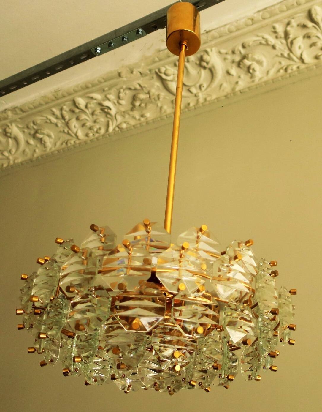 Kinkeldey gold-plated brass and faceted glass chandelier, 1960s