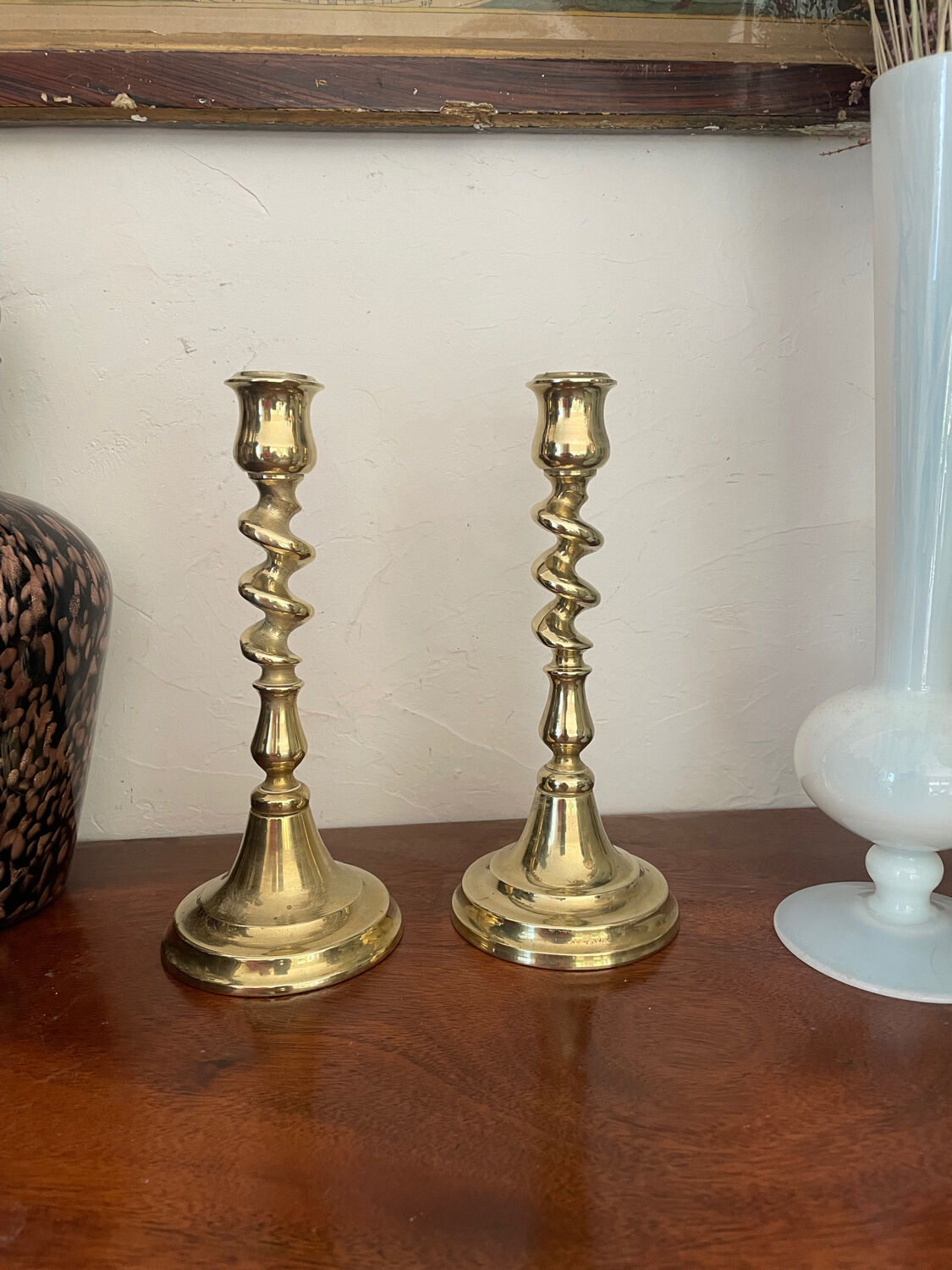 Pair of twisted solid brass candle holders