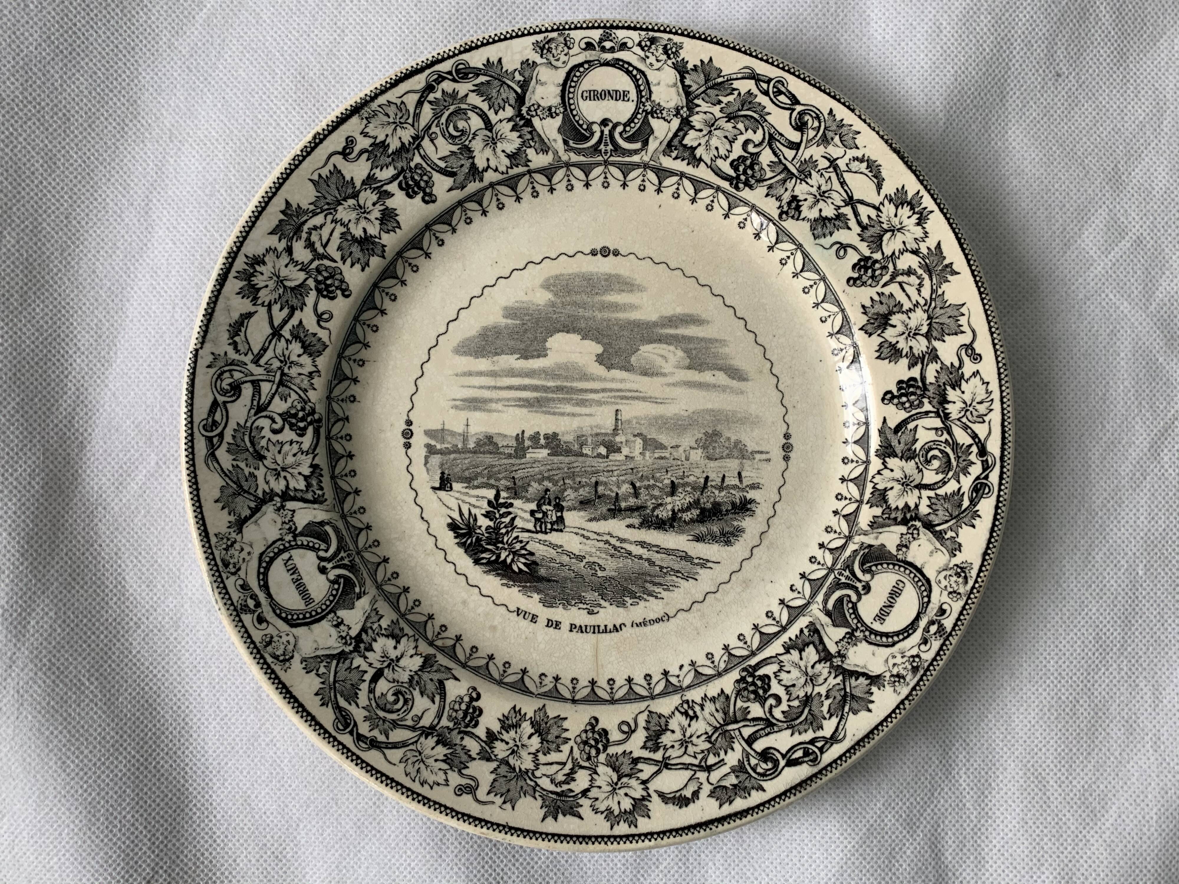 6 old dessert plates Old and Johnston Bordeaux 19th century Médoc and its castles