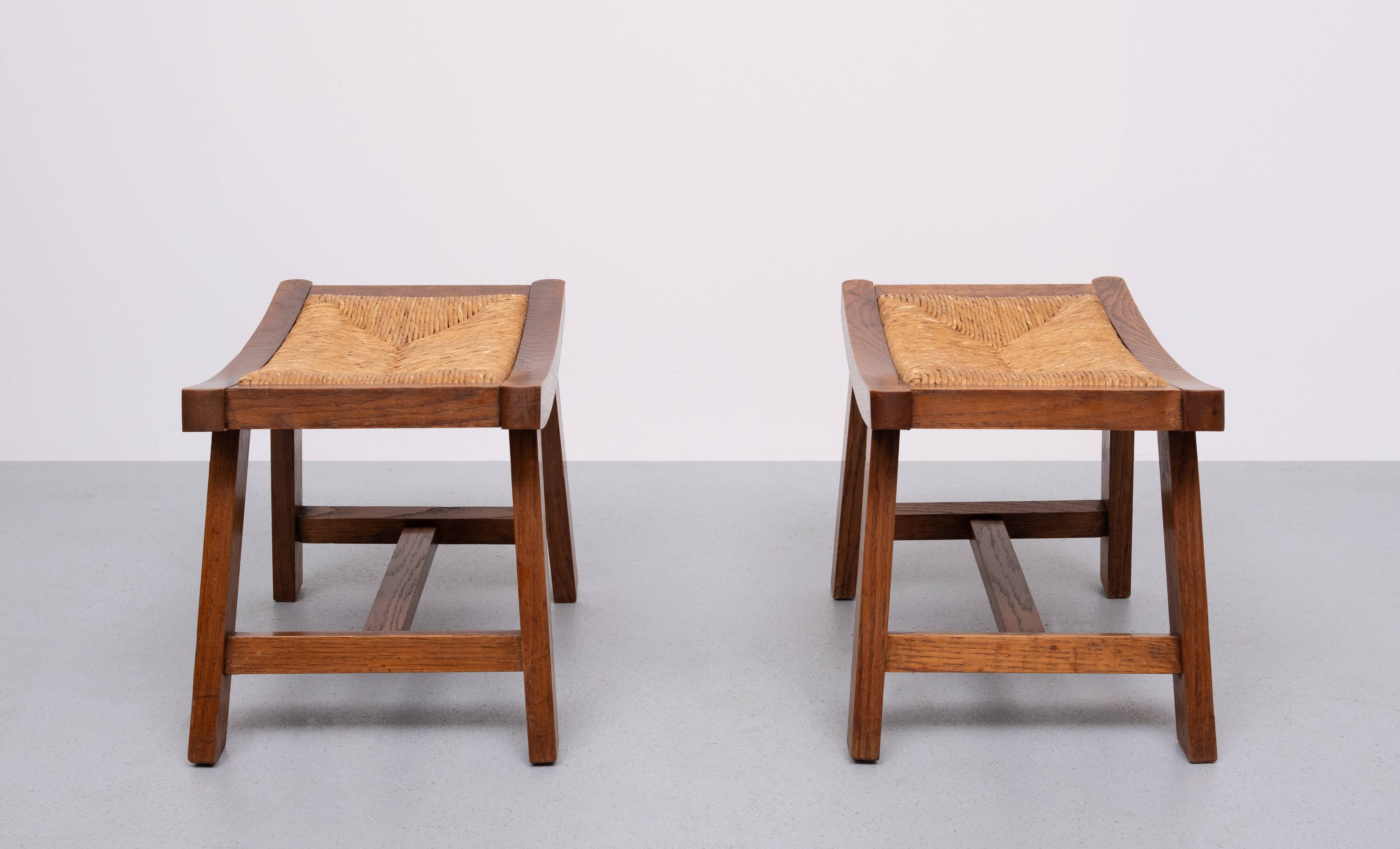 Brutalist curved solid Oak Ottomans 1950s France