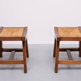 Brutalist curved solid Oak Ottomans 1950s France