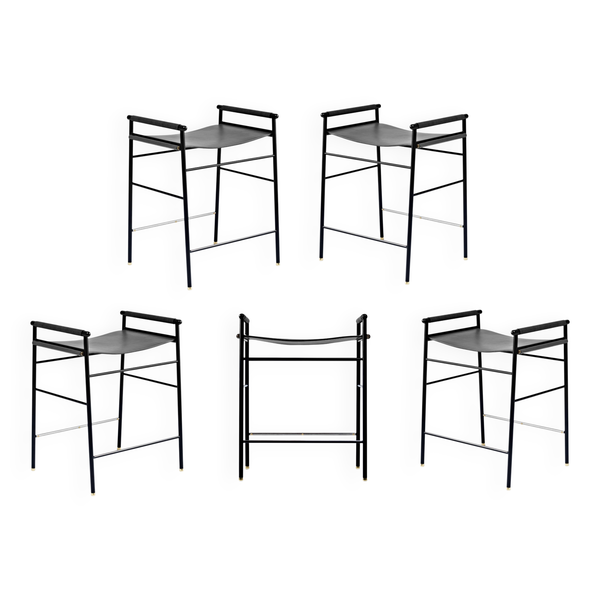 Set of 5 contemporary Artisan bar stools, black leather, black rubber.