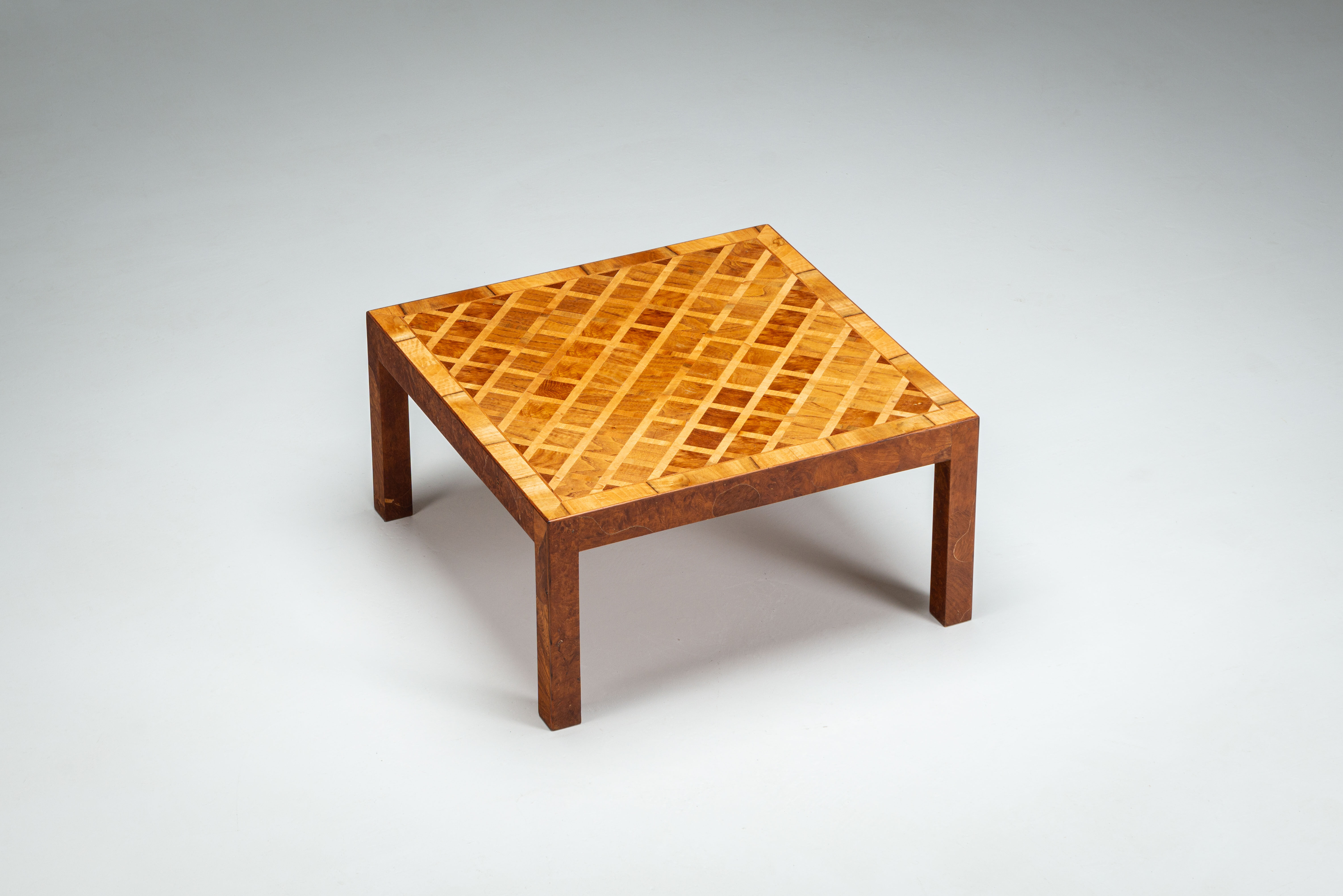 Square Italian coffee table with burl wood and inlaid parquetry top