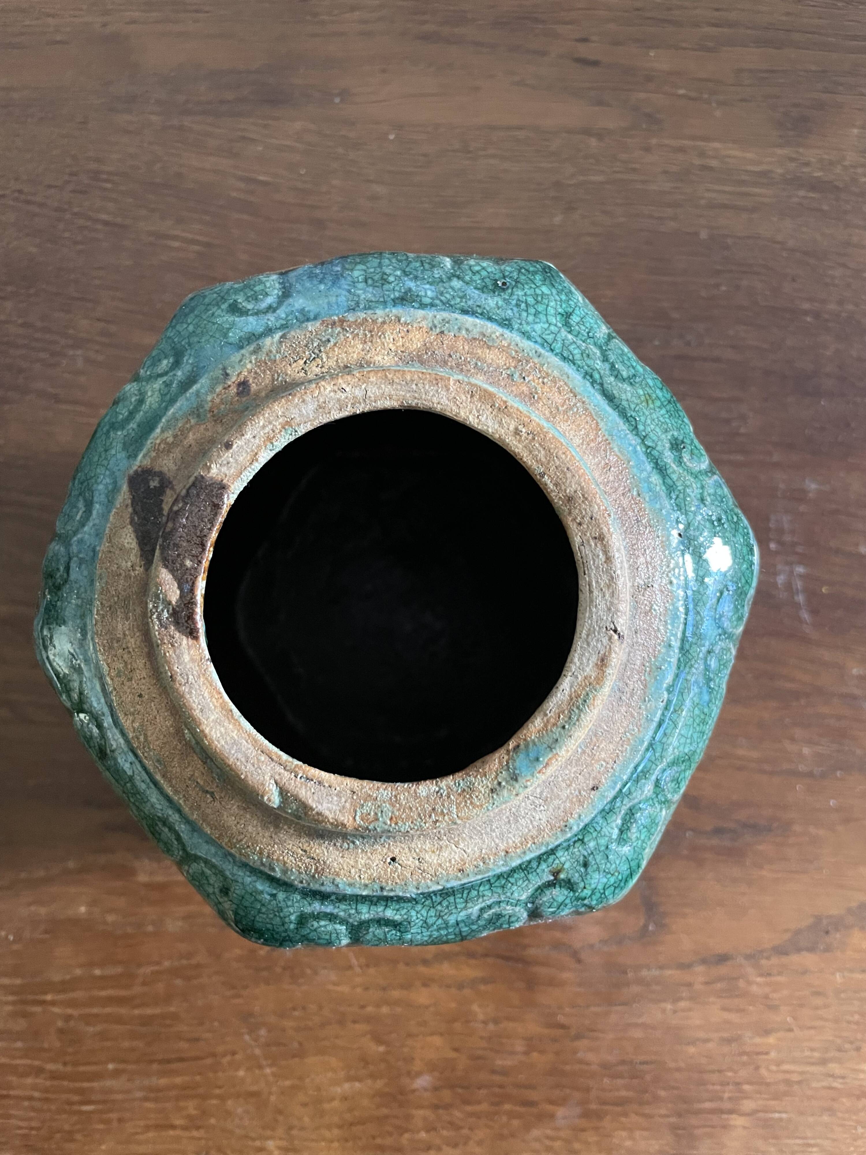 Deep green and light blue glazed hexagonal Shiwan ware ginger jar (collection of six jars, different sizes, floral designs)